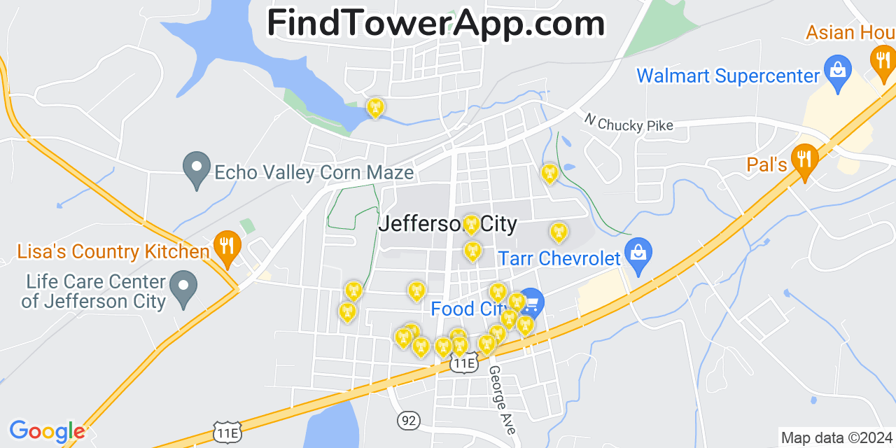 AT&T 4G/5G cell tower coverage map Jefferson City, Tennessee