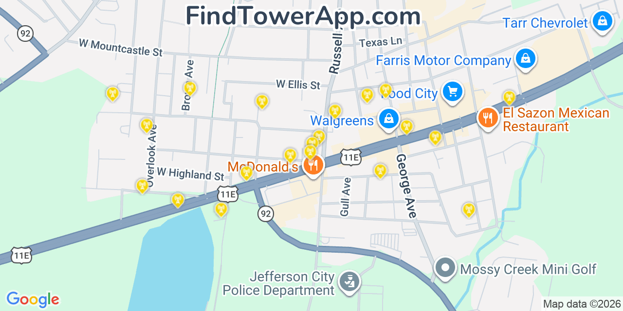 Map showing the 20 primary cell tower locations detected in Jefferson City, Tennessee from AT&T, Verizon, and T-Mobile networks