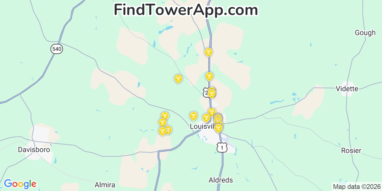 Map showing the 20 primary cell tower locations detected in Jefferson, Georgia from AT&T, Verizon, and T-Mobile networks