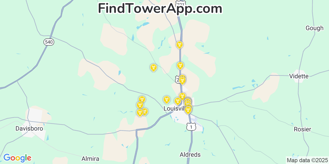 Map showing the 20 primary Mobitel cell tower locations detected in Jefferson, Georgia with coverage radius and signal strength indicators