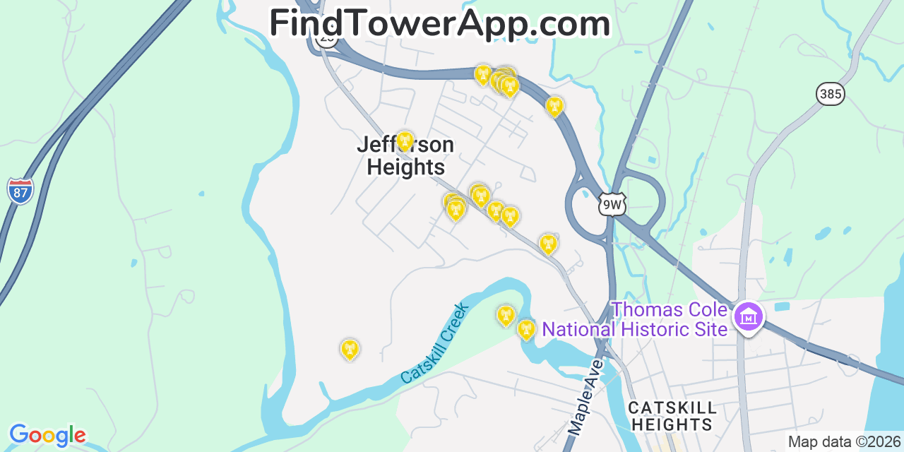 Map showing the 20 primary cell tower locations detected in Jefferson Heights, New York from AT&T, Verizon, and T-Mobile networks