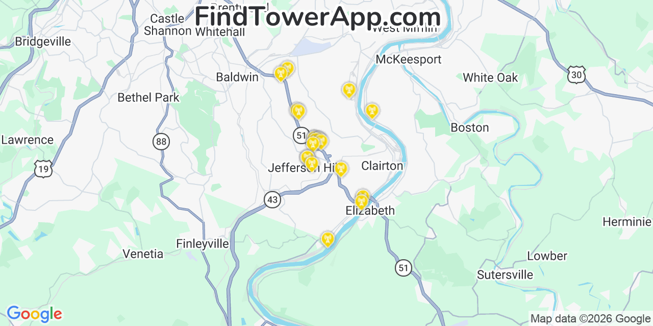 Map showing the 20 primary cell tower locations detected in Jefferson Hills, Pennsylvania from AT&T, Verizon, and T-Mobile networks