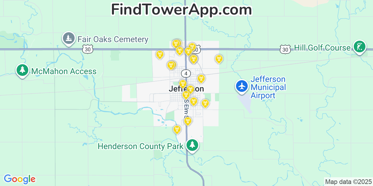 Map showing the 20 primary cell tower locations detected in Jefferson, Iowa from AT&T, Verizon, and T-Mobile networks