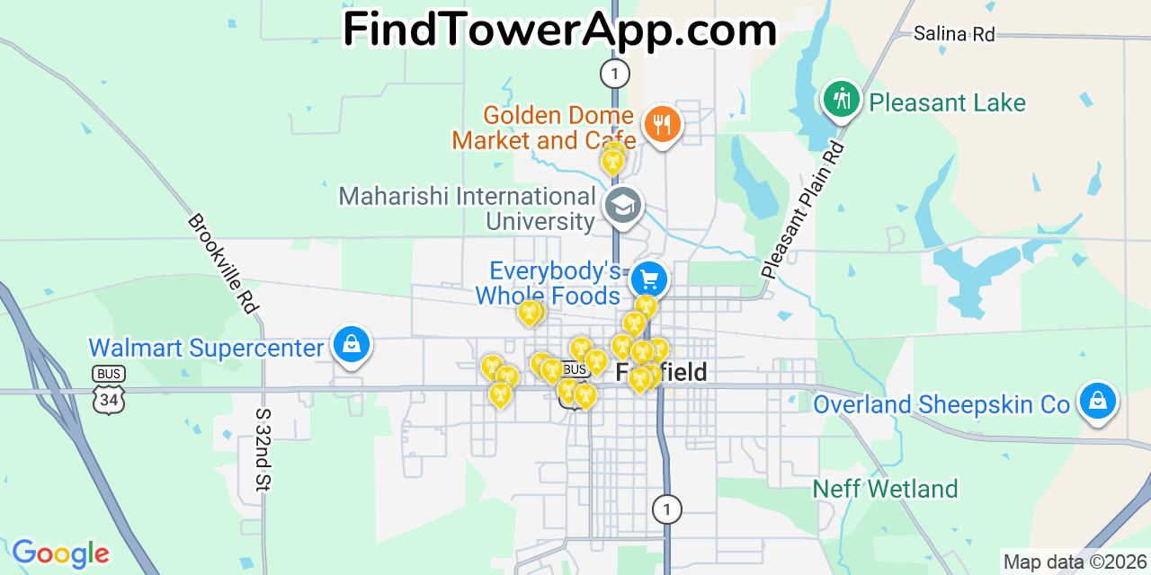 Map showing the 20 primary cell tower locations detected in Jefferson, Iowa from AT&T, Verizon, and T-Mobile networks