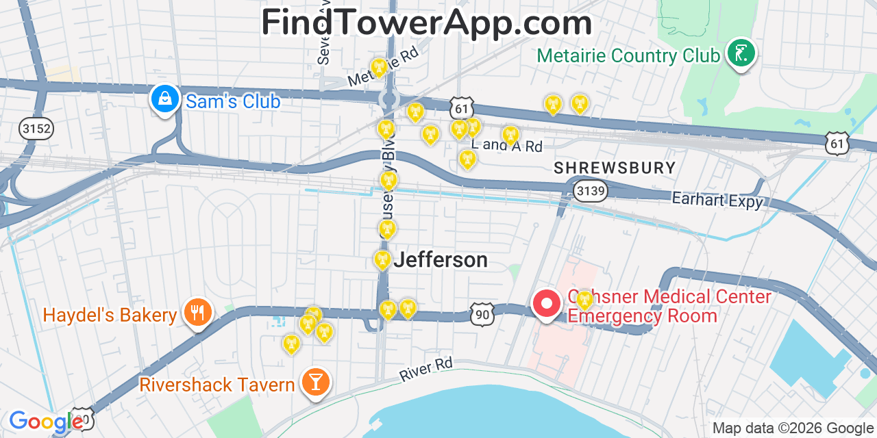 Map showing the 20 primary cell tower locations detected in Jefferson, Louisiana from AT&T, Verizon, and T-Mobile networks