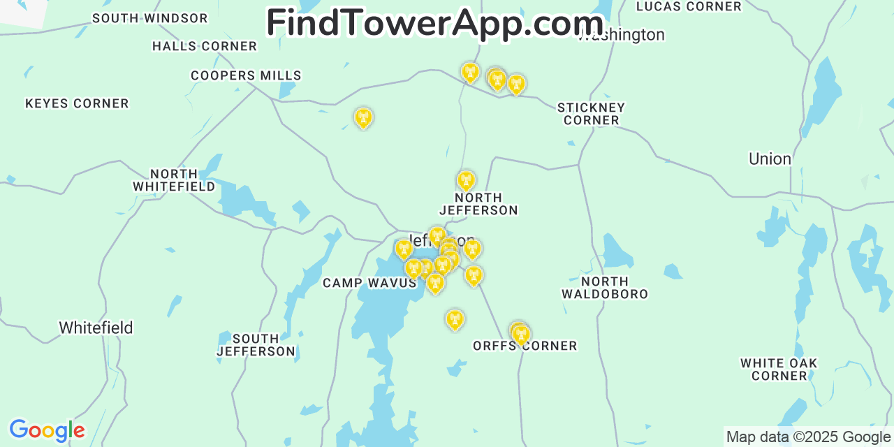Map showing the 20 primary cell tower locations detected in Jefferson, Maine from AT&T, Verizon, and T-Mobile networks