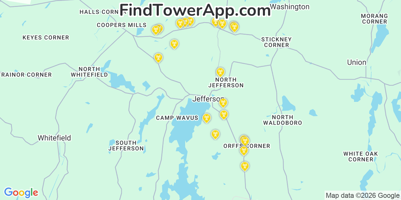 Map showing the 20 primary cell tower locations detected in Jefferson, Maine from AT&T, Verizon, and T-Mobile networks