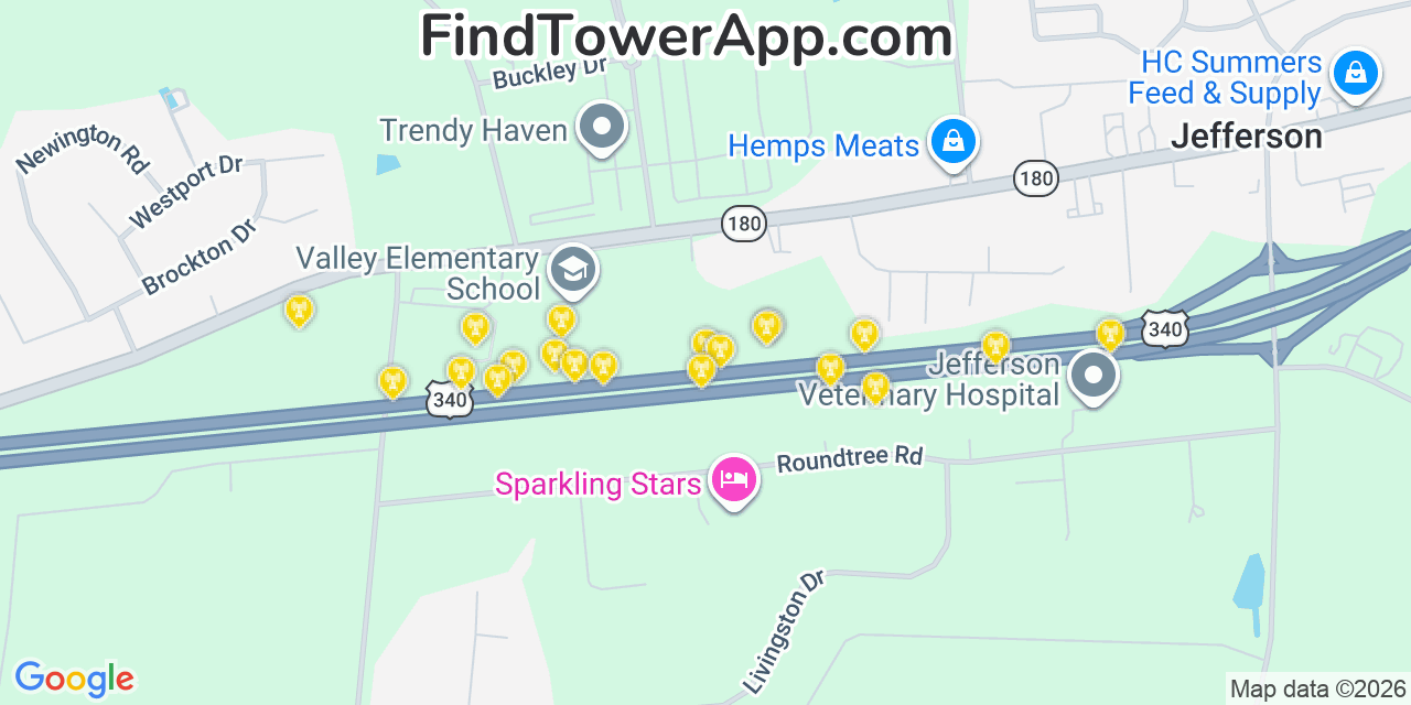 Map showing the 20 primary cell tower locations detected in Jefferson, Maryland from AT&T, Verizon, and T-Mobile networks