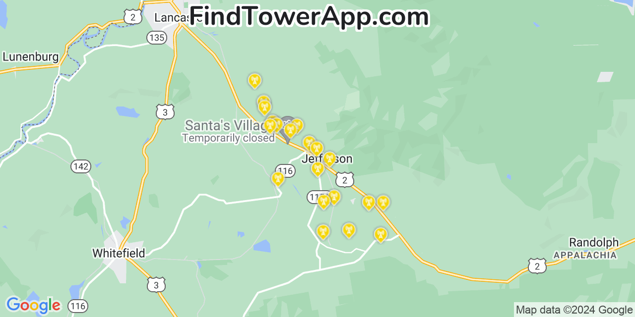 AT&T 4G/5G cell tower coverage map Jefferson, New Hampshire