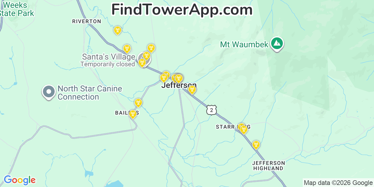 Map showing the 20 primary cell tower locations detected in Jefferson, New Hampshire from AT&T, Verizon, and T-Mobile networks
