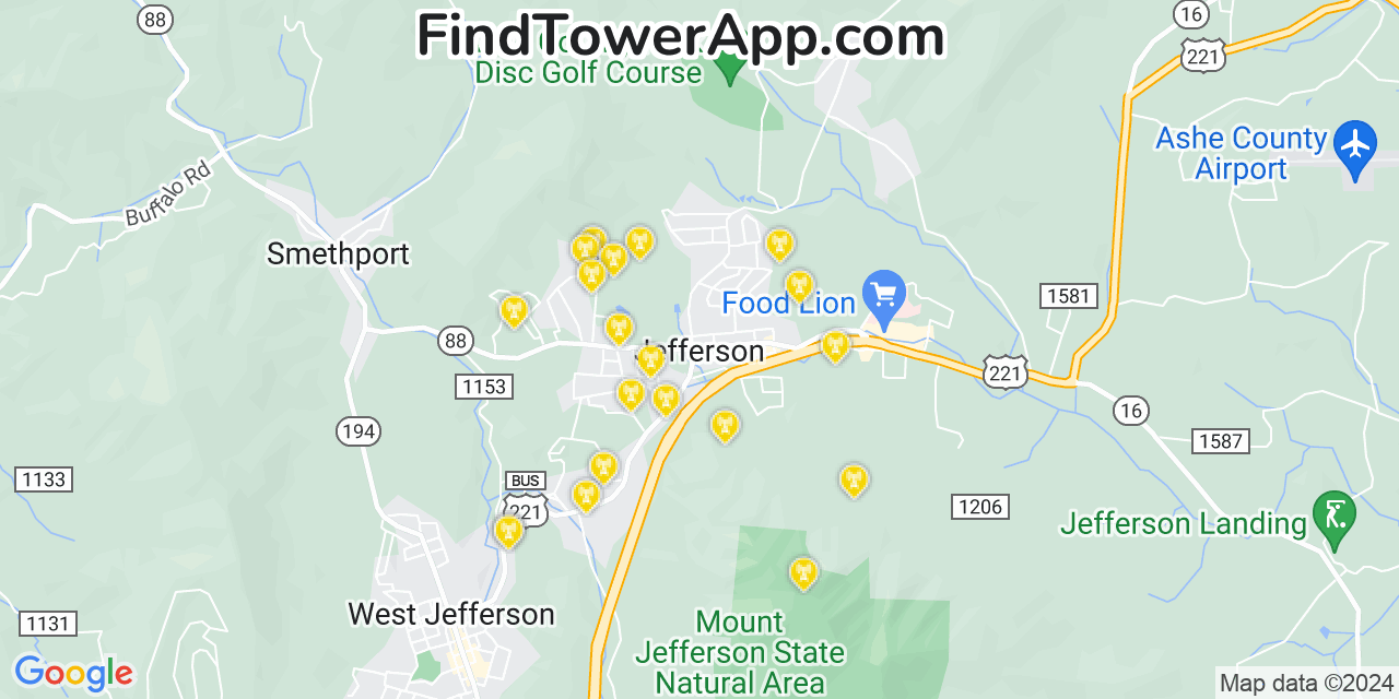 AT&T 4G/5G cell tower coverage map Jefferson, North Carolina