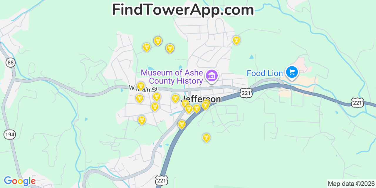 Map showing the 20 primary cell tower locations detected in Jefferson, North Carolina from AT&T, Verizon, and T-Mobile networks