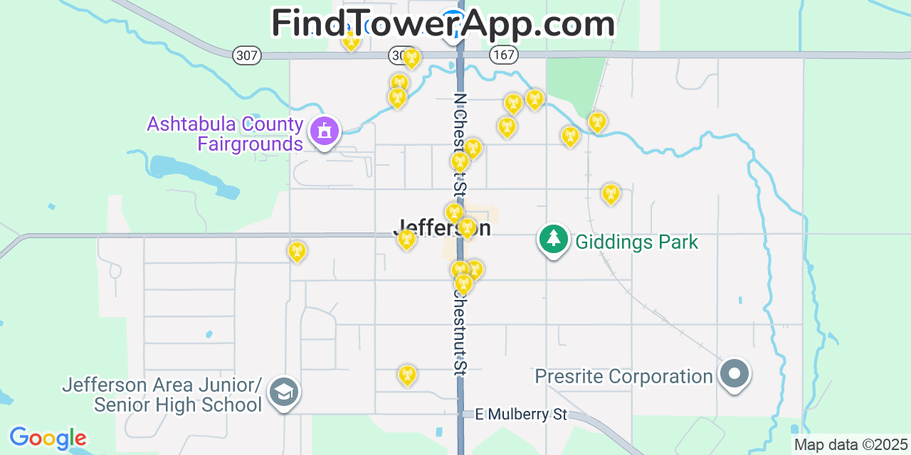 Map showing the 20 primary cell tower locations detected in Jefferson, Ohio from AT&T, Verizon, and T-Mobile networks