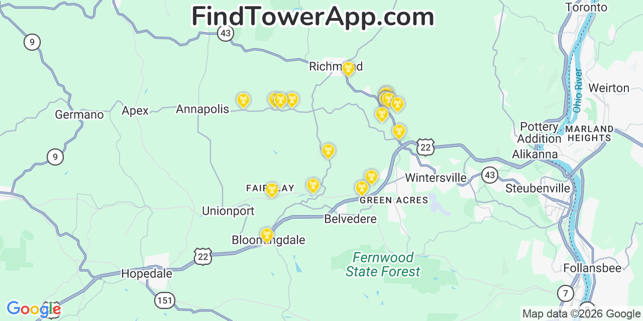 Map showing the 20 primary cell tower locations detected in Jefferson, Ohio from AT&T, Verizon, and T-Mobile networks