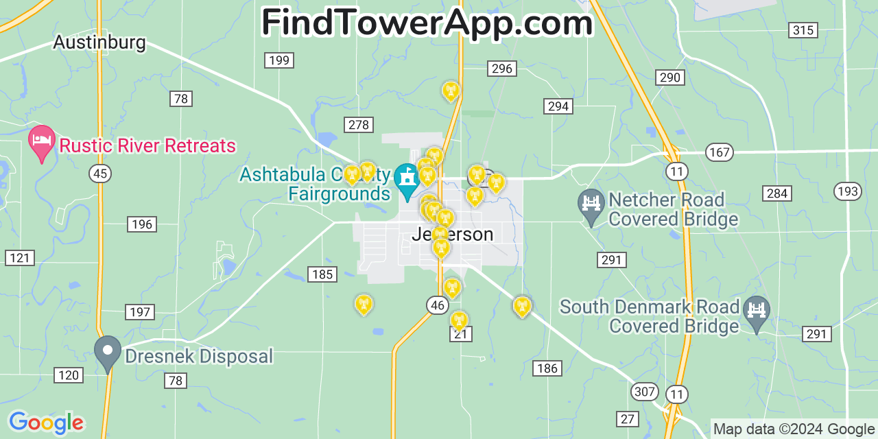 Verizon 4G/5G cell tower coverage map Jefferson, Ohio