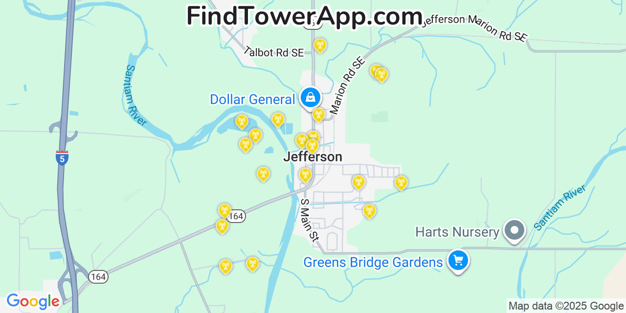 Map showing the 20 primary cell tower locations detected in Jefferson, Oregon from AT&T, Verizon, and T-Mobile networks