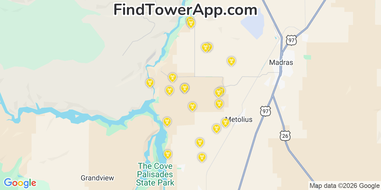 Map showing the 20 primary cell tower locations detected in Jefferson, Oregon from AT&T, Verizon, and T-Mobile networks