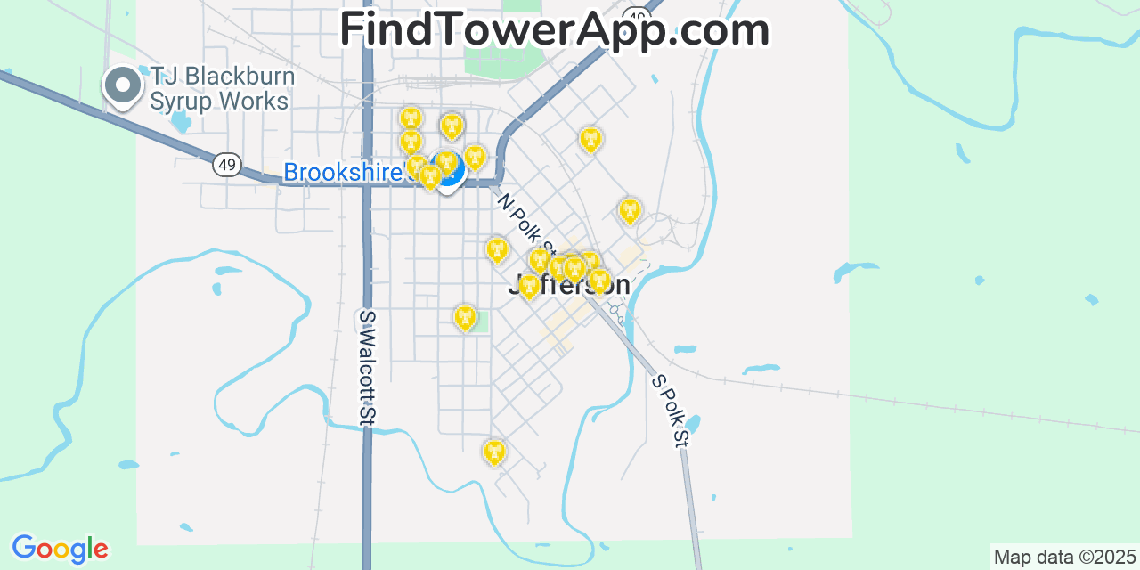 Map showing the 20 primary cell tower locations detected in Jefferson, Texas from AT&T, Verizon, and T-Mobile networks