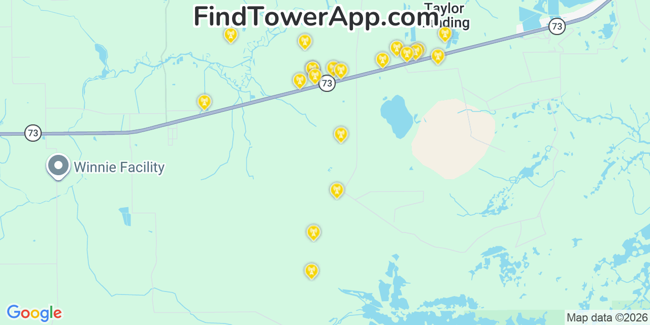 Map showing the 20 primary cell tower locations detected in Jefferson, Texas from AT&T, Verizon, and T-Mobile networks