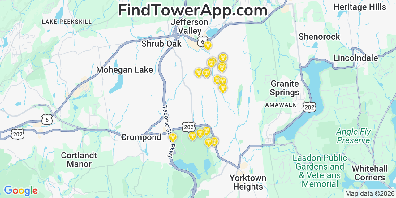 Map showing the 20 primary cell tower locations detected in Jefferson Valley Yorktown, New York from AT&T, Verizon, and T-Mobile networks