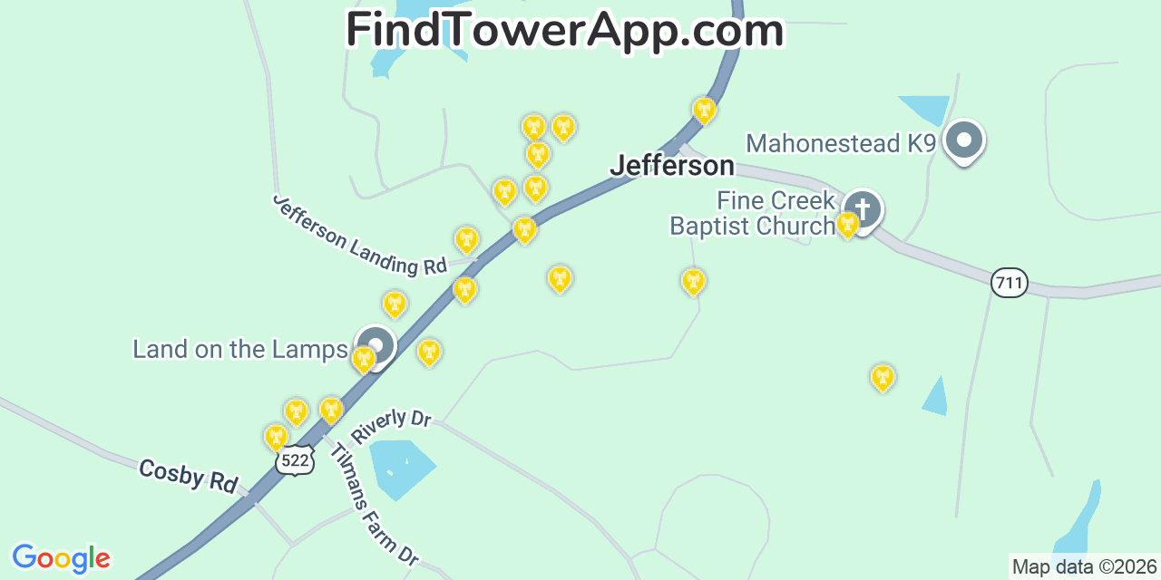 Map showing the 20 primary cell tower locations detected in Jefferson, Virginia from AT&T, Verizon, and T-Mobile networks