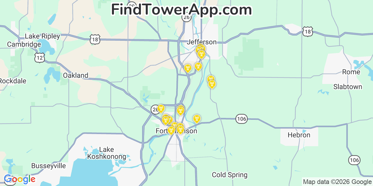 Map showing the 20 primary cell tower locations detected in Jefferson, Wisconsin from AT&T, Verizon, and T-Mobile networks