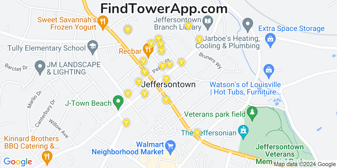 AT&T 4G/5G cell tower coverage map Jeffersontown, Kentucky