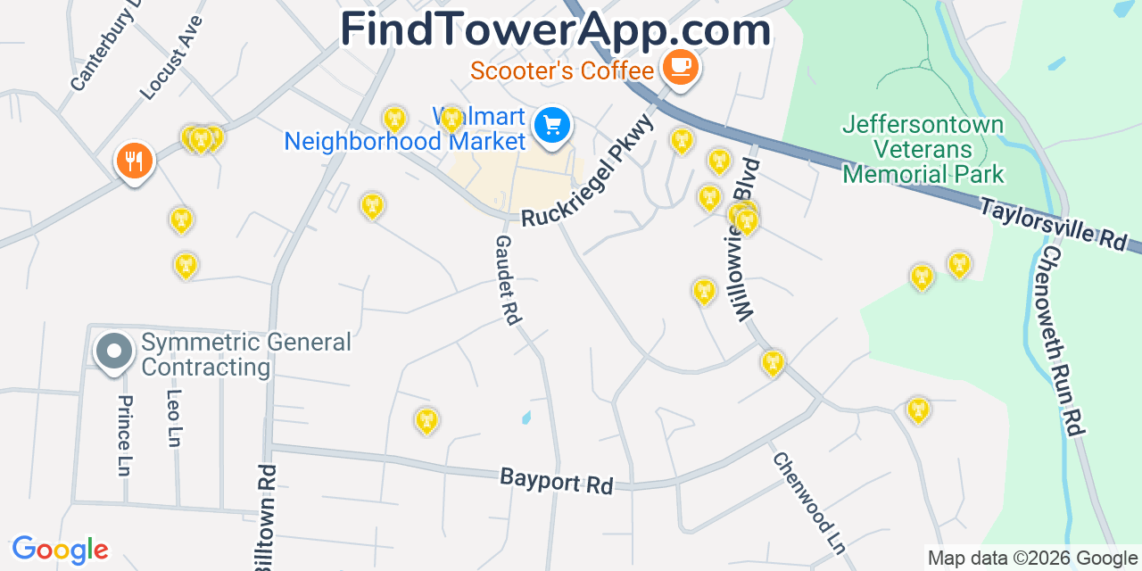 Map showing the 20 primary cell tower locations detected in Jeffersontown, Kentucky from AT&T, Verizon, and T-Mobile networks