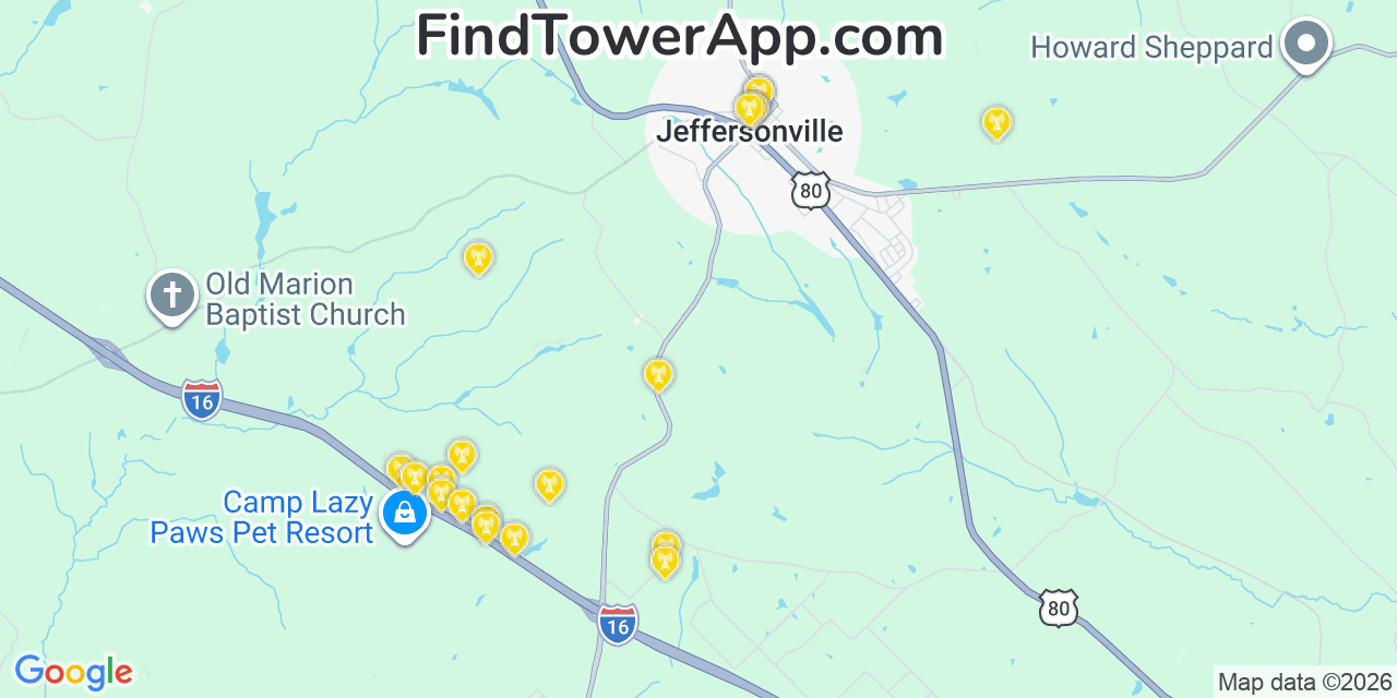Map showing the 20 primary cell tower locations detected in Jeffersonville, Georgia from AT&T, Verizon, and T-Mobile networks