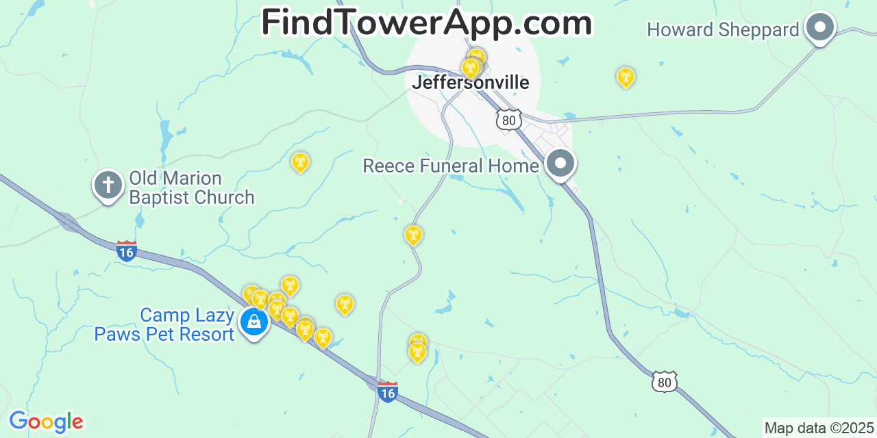 Map showing the 20 primary Mobitel cell tower locations detected in Jeffersonville, Georgia with coverage radius and signal strength indicators