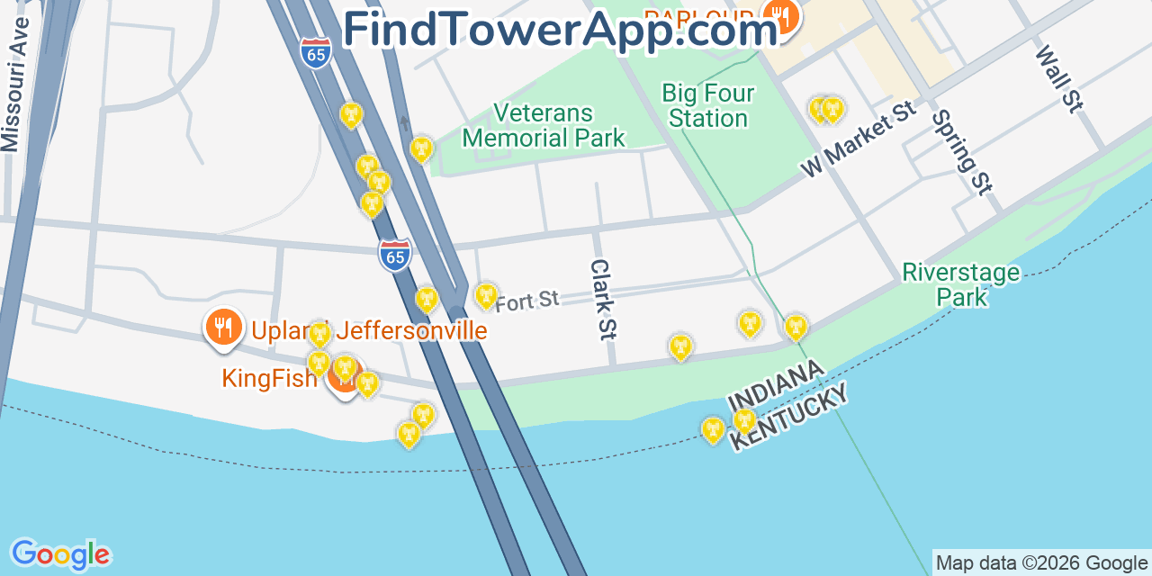 Map showing the 20 primary cell tower locations detected in Jeffersonville, Indiana from AT&T, Verizon, and T-Mobile networks