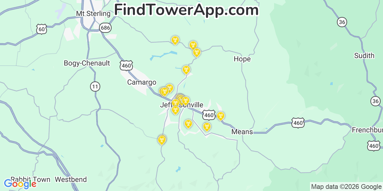 Map showing the 20 primary cell tower locations detected in Jeffersonville, Kentucky from AT&T, Verizon, and T-Mobile networks