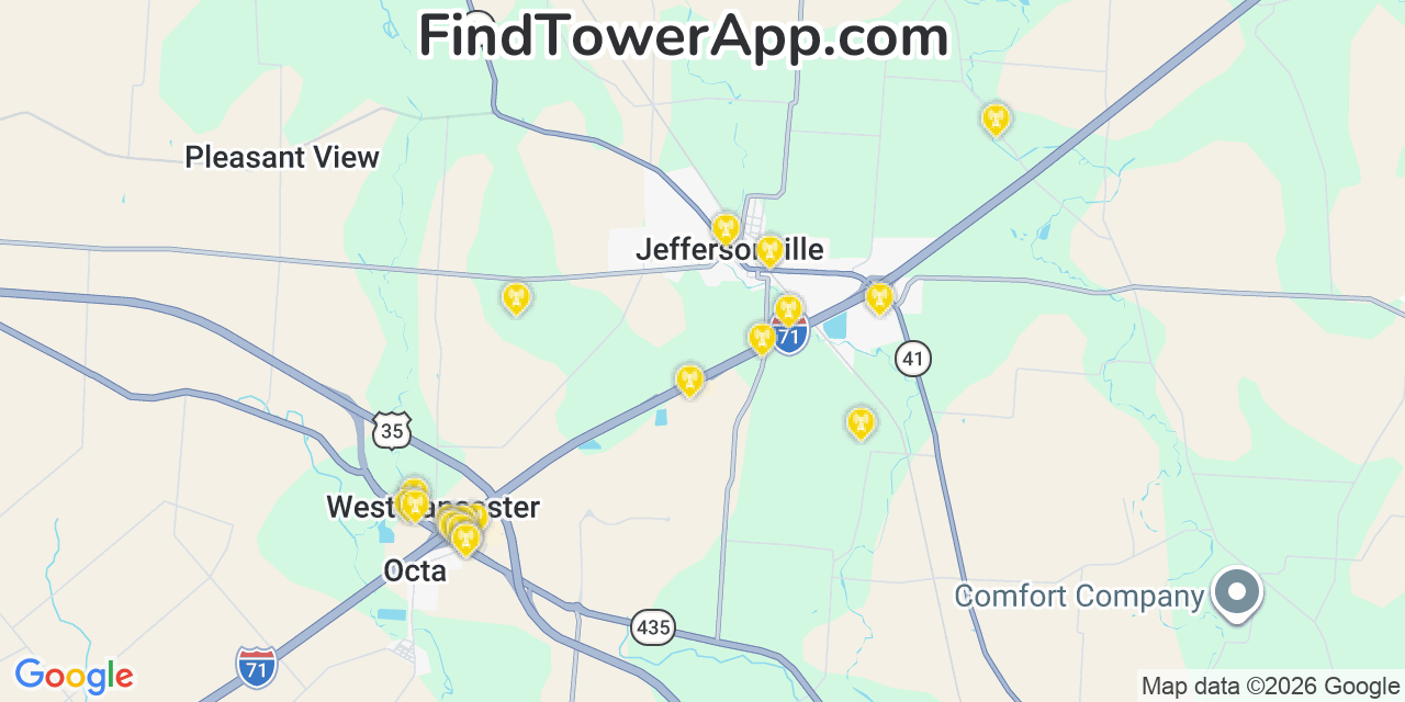 Map showing the 20 primary cell tower locations detected in Jeffersonville, Ohio from AT&T, Verizon, and T-Mobile networks
