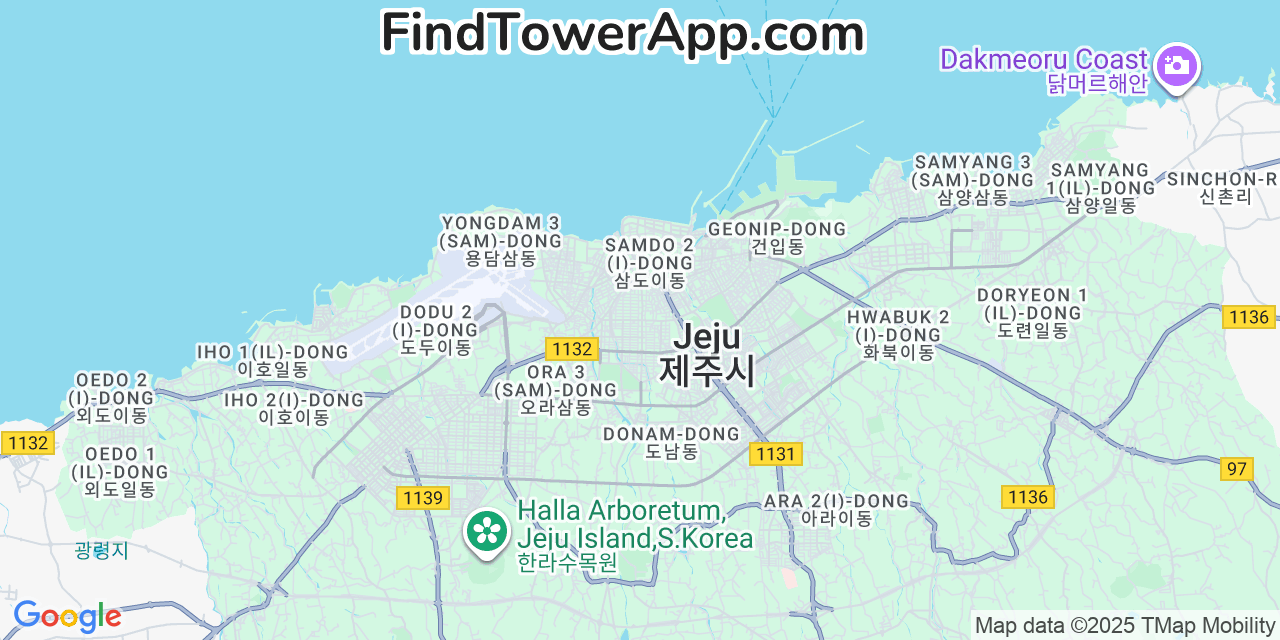 Map showing the 0 primary LG-U cell tower locations detected in Jeju City, South Korea with coverage radius and signal strength indicators