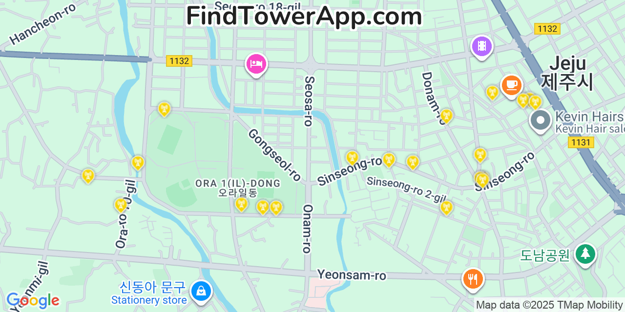 Map showing the 20 primary cell tower locations detected in Jeju City, South Korea with coverage areas and signal strength