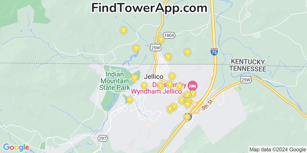 AT&T 4G/5G cell tower coverage map Jellico, Tennessee