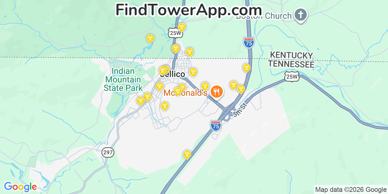 Map showing the 20 primary cell tower locations detected in Jellico, Tennessee from AT&T, Verizon, and T-Mobile networks