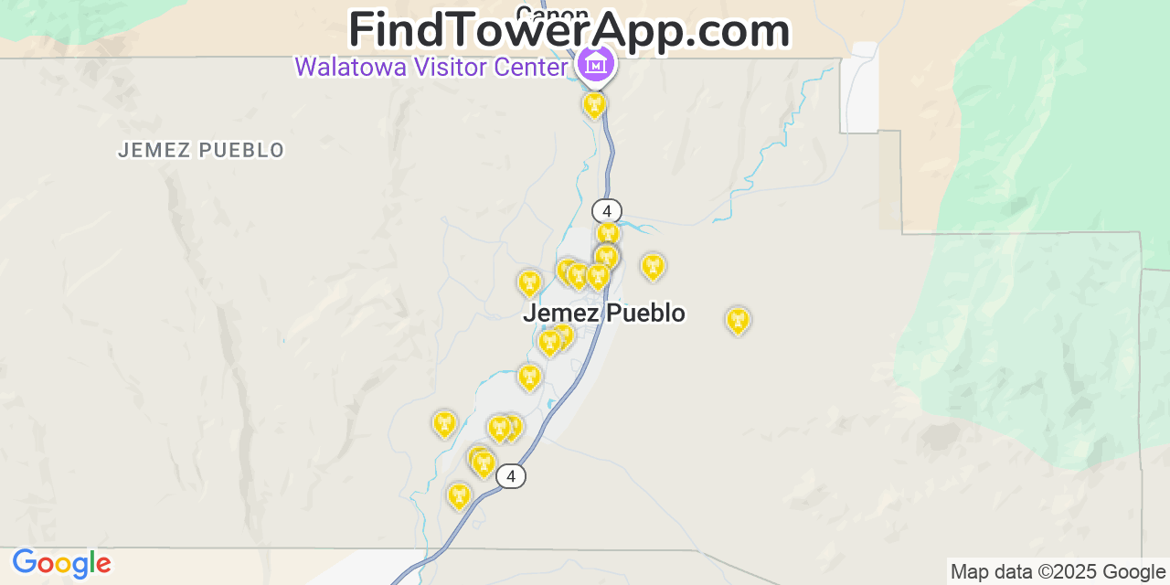 Map showing the 20 primary cell tower locations detected in Jemez Pueblo, New Mexico from AT&T, Verizon, and T-Mobile networks