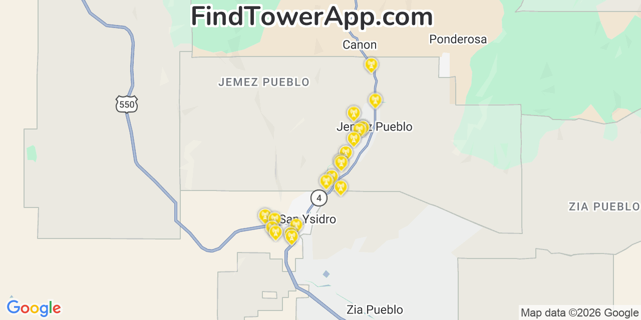 Map showing the 20 primary cell tower locations detected in Jemez Pueblo, New Mexico from AT&T, Verizon, and T-Mobile networks