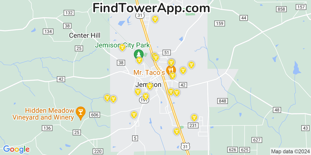 AT&T 4G/5G cell tower coverage map Jemison, Alabama
