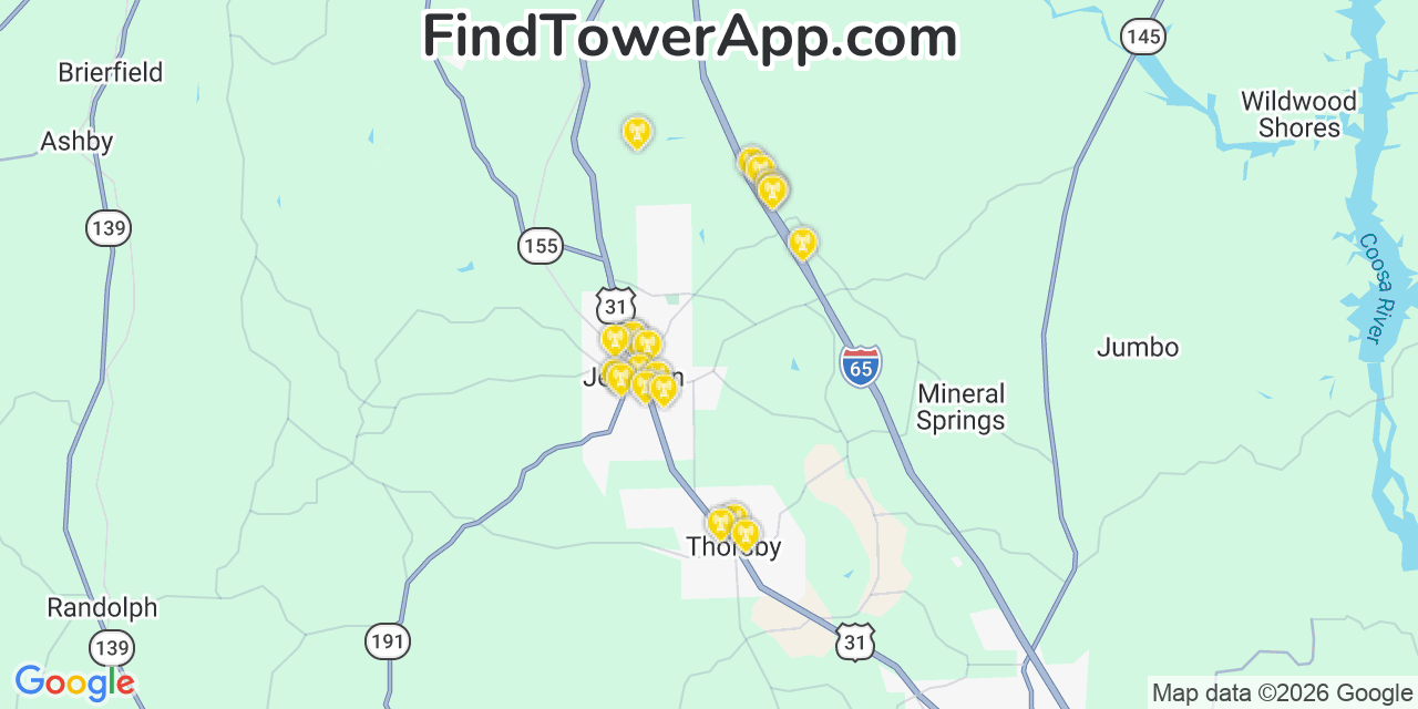 Map showing the 20 primary cell tower locations detected in Jemison, Alabama from AT&T, Verizon, and T-Mobile networks
