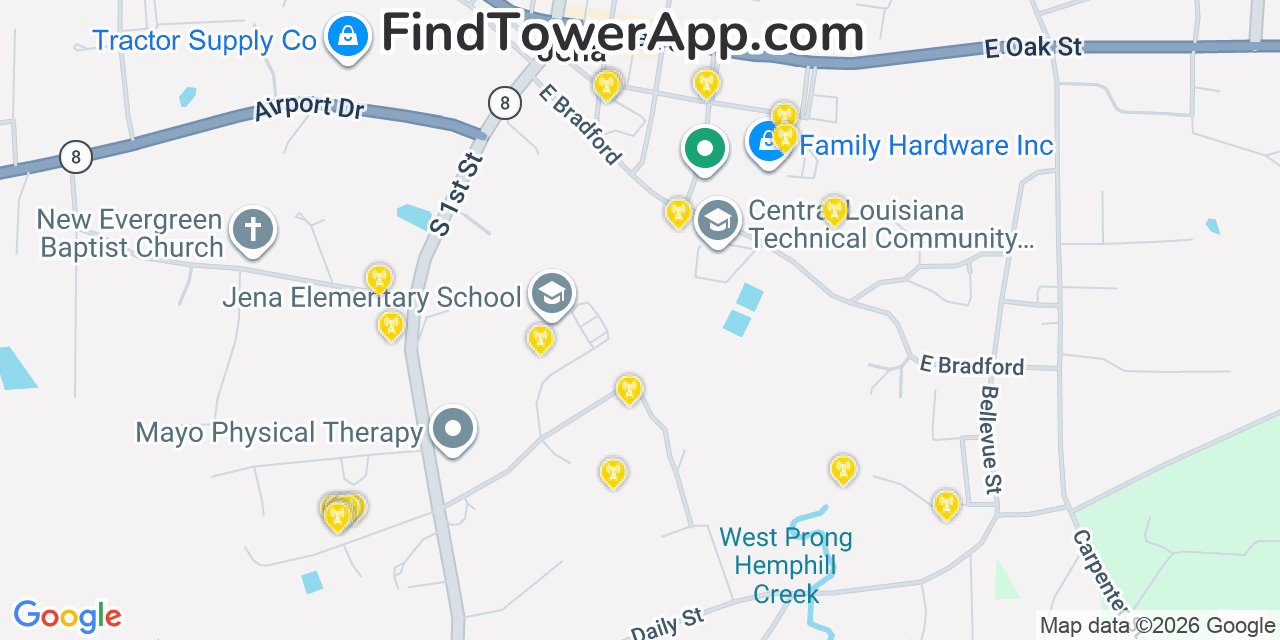 Map showing the 20 primary cell tower locations detected in Jena, Louisiana from AT&T, Verizon, and T-Mobile networks