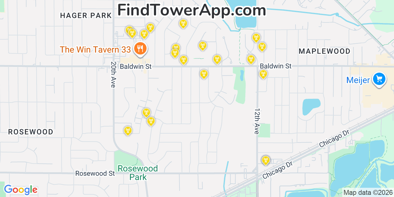 Map showing the 20 primary cell tower locations detected in Jenison, Michigan from AT&T, Verizon, and T-Mobile networks