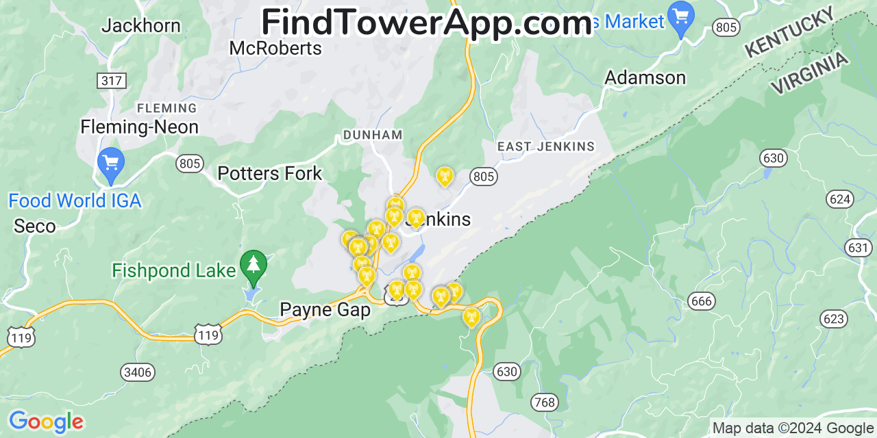 AT&T 4G/5G cell tower coverage map Jenkins, Kentucky