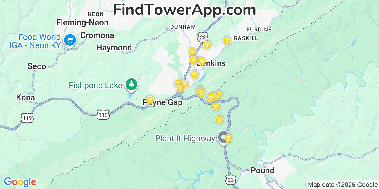 Map showing the 20 primary cell tower locations detected in Jenkins, Kentucky from AT&T, Verizon, and T-Mobile networks