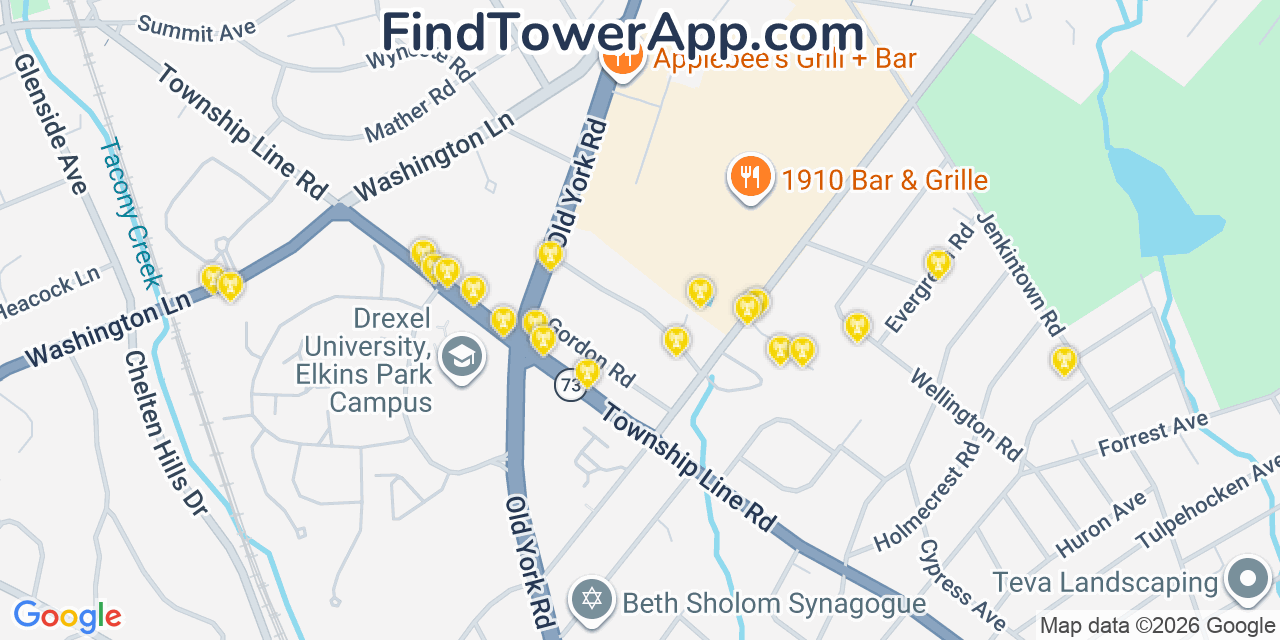 Map showing the 20 primary cell tower locations detected in Jenkintown, Pennsylvania from AT&T, Verizon, and T-Mobile networks