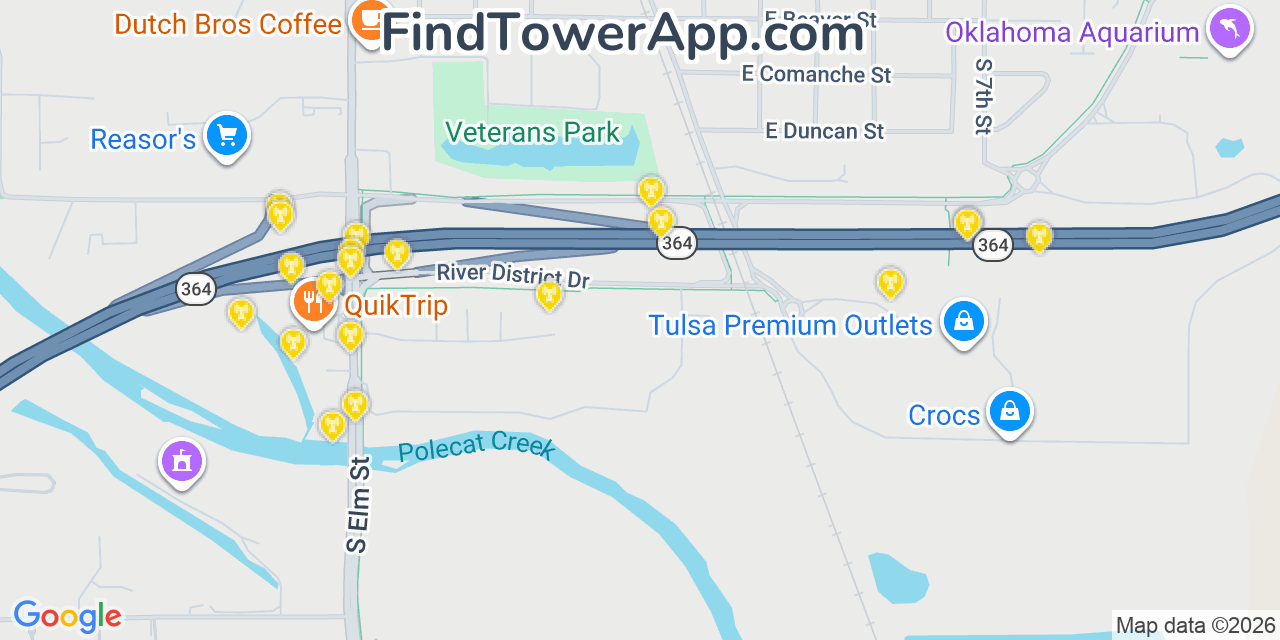 Map showing the 20 primary cell tower locations detected in Jenks, Oklahoma from AT&T, Verizon, and T-Mobile networks