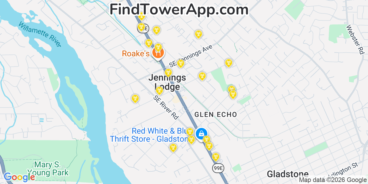 Map showing the 20 primary cell tower locations detected in Jennings Lodge, Oregon from AT&T, Verizon, and T-Mobile networks