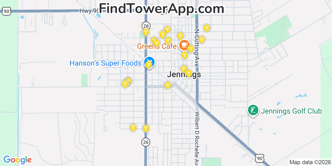 Map showing the 20 primary cell tower locations detected in Jennings, Louisiana from AT&T, Verizon, and T-Mobile networks