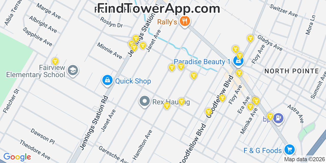 Map showing the 20 primary cell tower locations detected in Jennings, Missouri from AT&T, Verizon, and T-Mobile networks